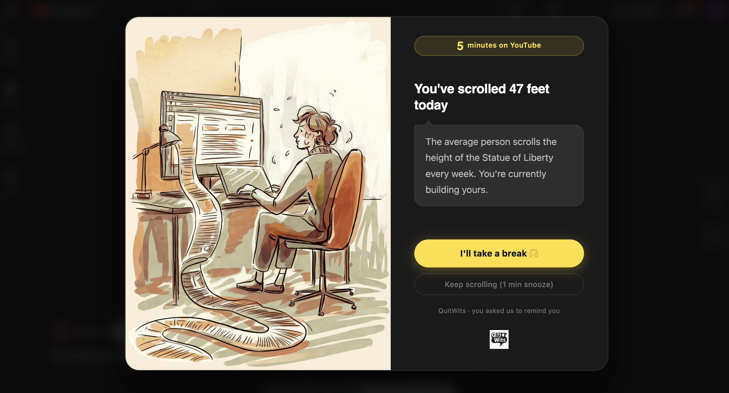 QuitWits popup — You've scrolled 47 feet today